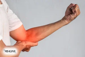 Traveler doing cubital tunnel syndrome exercises at airport - nerve glide stretch for elbow pain relief