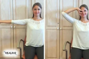 Traveler doing cubital tunnel syndrome exercises at airport - nerve glide stretch for elbow pain relief